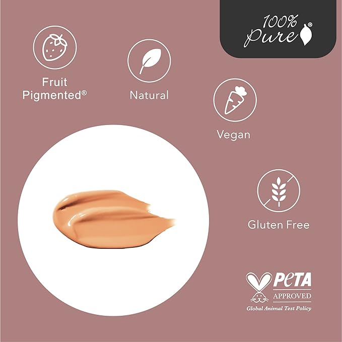 100% PURE Healthy Foundation Full Face Coverage Makeup, Liquid Matte Finish with Anti-Aging Benefits - Vegan Gorgeous Fruit Pigmented Peach Bisque Color (Medium with Olive Undertone) - 1 Fl Oz-GlimoraGlow