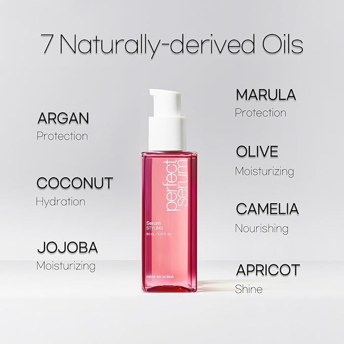 Mise En Scene Perfect Styling Serum for Heat Damage Protection - Hair Serum for holding Bounce, Hair Essence for Long Lasting Curl, Powdery Scent, with Argan Oils, 2.70 fl. Oz-GlimoraGlow