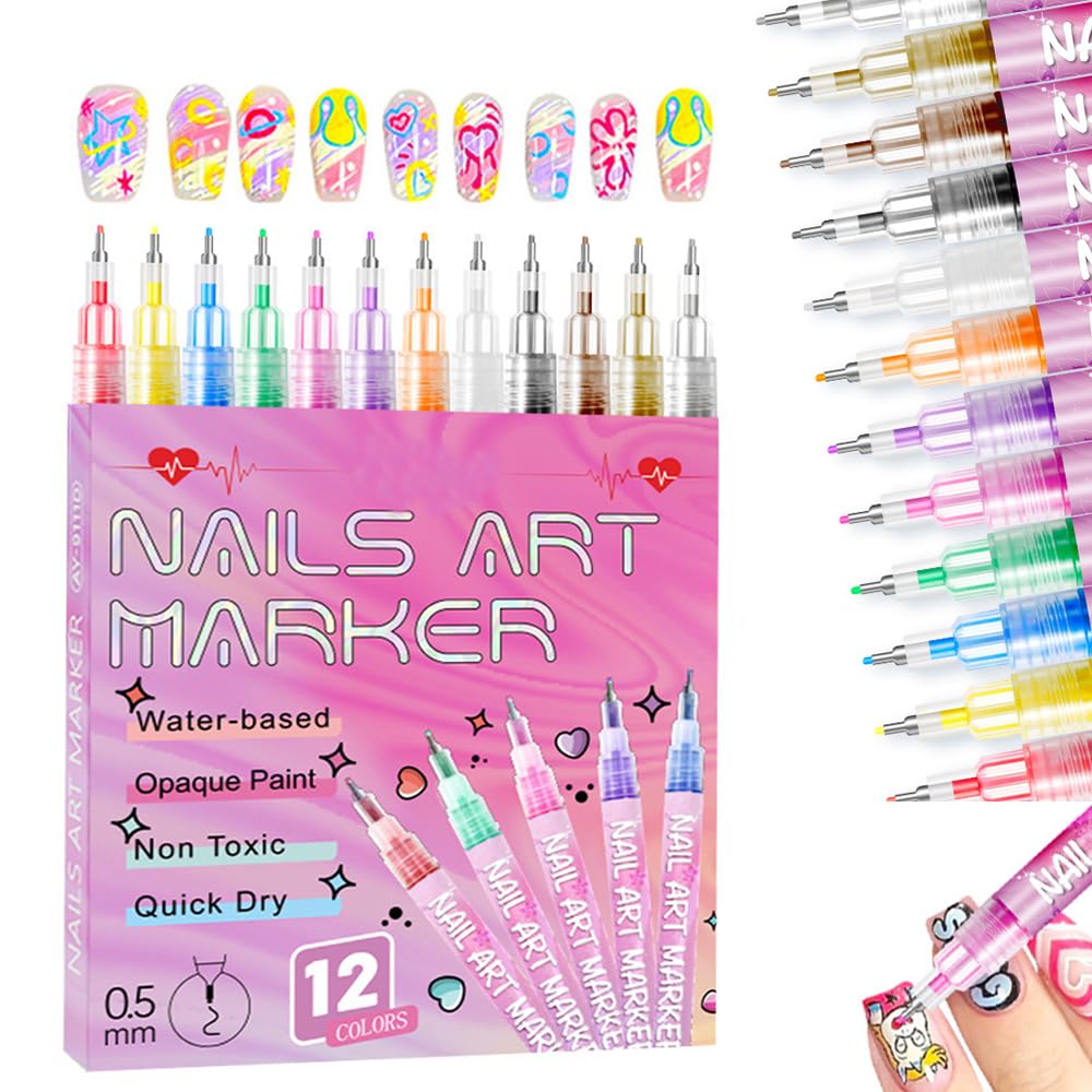 12 Colors Nail Art Pens Set, 2026 New DIY Nail Art Markers for Gel Nails, 3D Nail Polish Pens Quick Dry Graffiti Dotting Point Liner Pens Acrylic Paint Pens Kit for DIY Nail Art Drawing Painting Tools-GlimoraGlow
