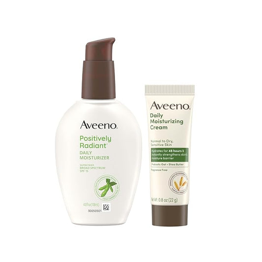 Aveeno Skincare Bundle, Positively Radiant Daily SPF 15 Facial Sunscreen Moisturizer + Soy, 4 fl. oz, & Travel Size Daily Moisturizing Cream for Body, Face, & Hands, 0.8 oz, Two Pack, 2 Items-GlimoraGlow