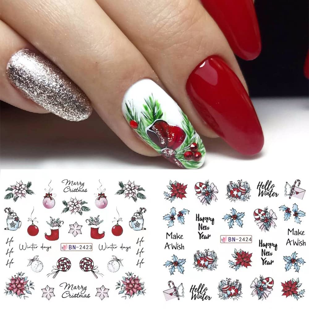 12 Sheets Christmas Nail Art Stickers Snowflake Water Transfer Nail Decals Holographic Gingerbread Man Snow Trees Winter Design Watermark Nail Foils Stickers for Women Xmas Nail Decorations-GlimoraGlow