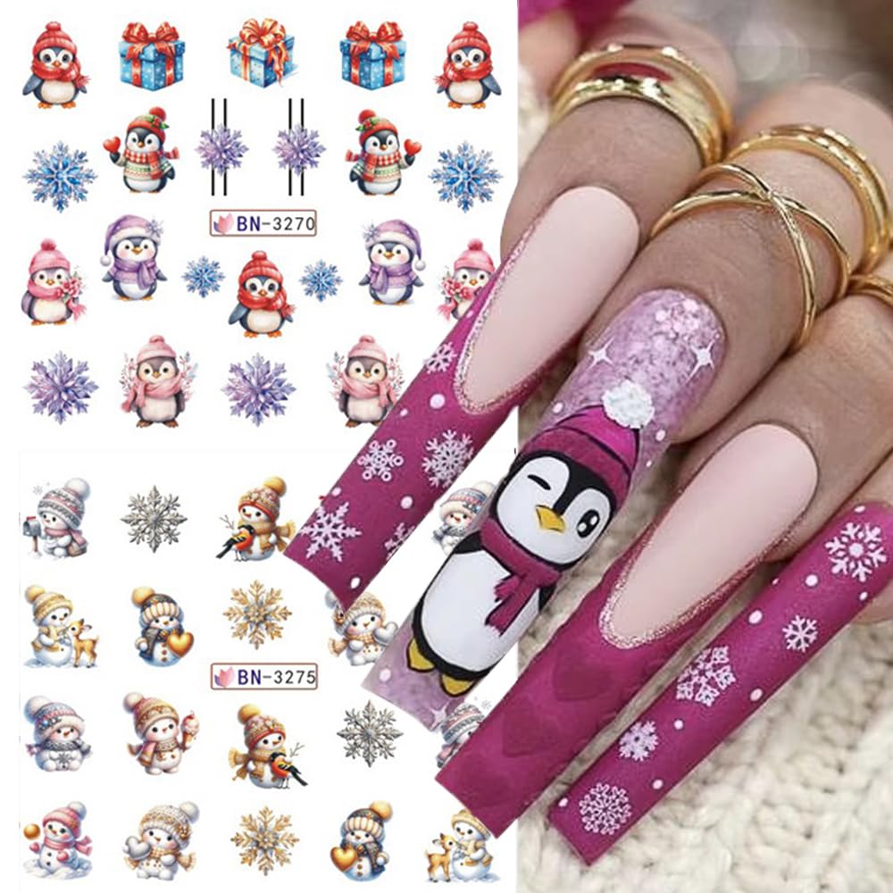 12 Sheets Christmas Nail Art Stickers Winter Snowflake Snowman Water Transfer Nail Decals Xmas Tree Santa Claus Penguin Gingerbread Man Design Acrylic Nail Foils for Women Kids DIY Holiday Nail Decor-GlimoraGlow