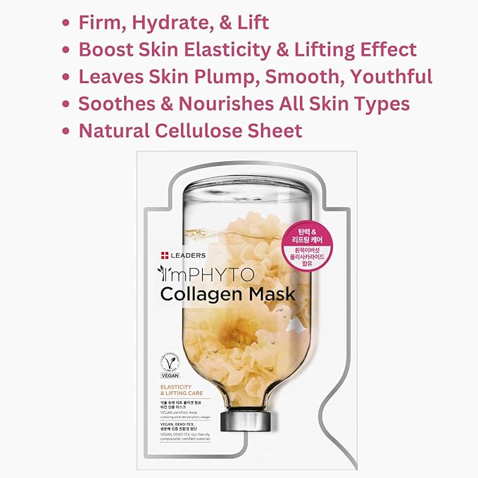 I'MPHYTO Leaders Facial Mask 10 Sheet Collagen Vegan Mask | Plant-Derived Collagen | Elasticity & Lifting Skin Care | Certified Vegan | Intensive Hydration | Natural Cellulose Sheet-GlimoraGlow