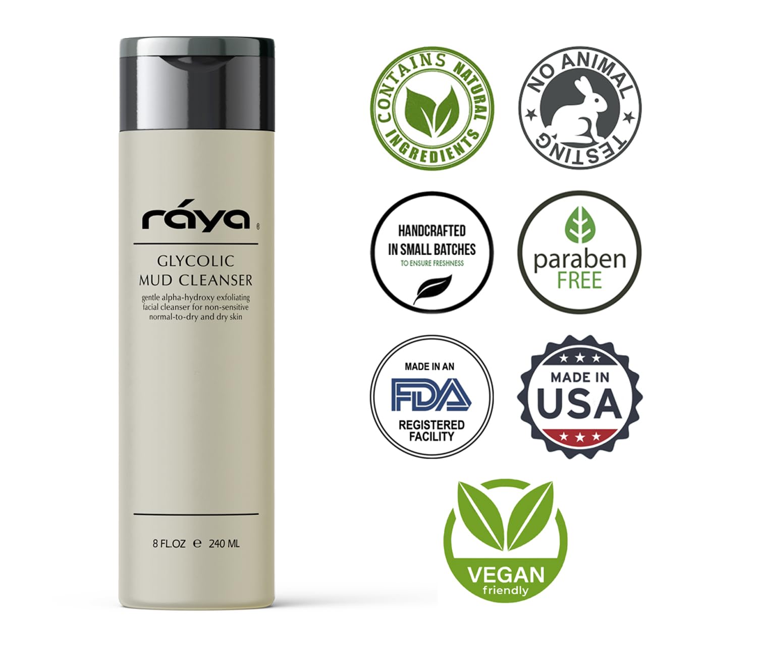 Raya Glycolic Mud Facial Cleanser with AHA 8 oz (G-103) | Exfoliating pH Balanced Facial Cleansing Fluid for Non Sensitive, Dry and Combination Skin | Made with Alpha Hydroxy Acid and Volcanic Mud-GlimoraGlow