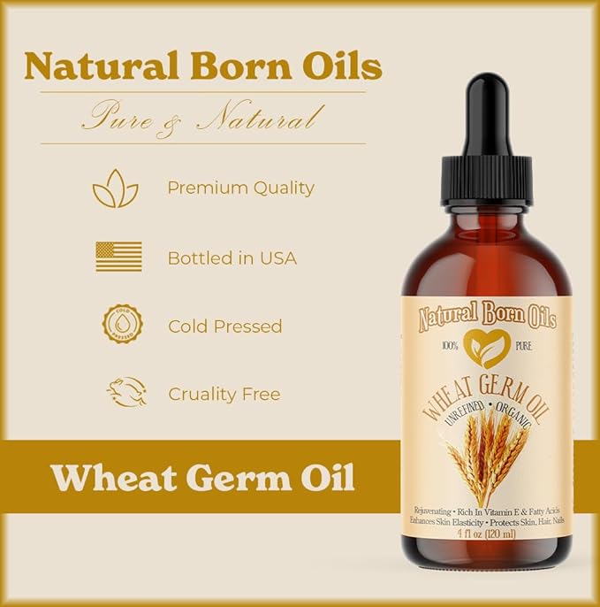 Natural Born Oils Wheat Germ Oil. 4oz. 100% Pure, Natural, Organic, Cold-pressed, Unrefined, Rejuvenating, Rich in Vitamin E. Moisturizer for Skin Hair-GlimoraGlow