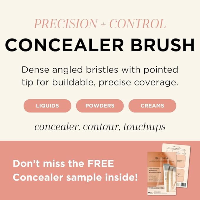 HALEYS Concealer Brush VEGAN+CRUELTY-FREE, Sustainable Wood, Vegan Bristles for Airbrushed Finish, For Creams,Liquids, Powder, Streak-free, Perfect Blending, Buffs, Smooths with Control, Special shape-GlimoraGlow
