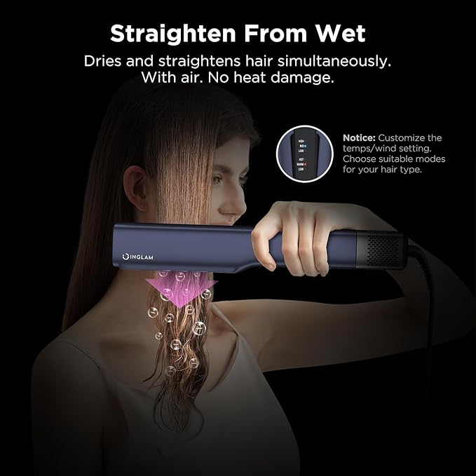 IG INGLAM Air Straightener, Style From Wet Hair, 2.2" Dryer Straightener, 200M Negative Ionic, One-Step Air Straight for Medium and Long Hair (14"-30"), Prussian Blue-GlimoraGlow
