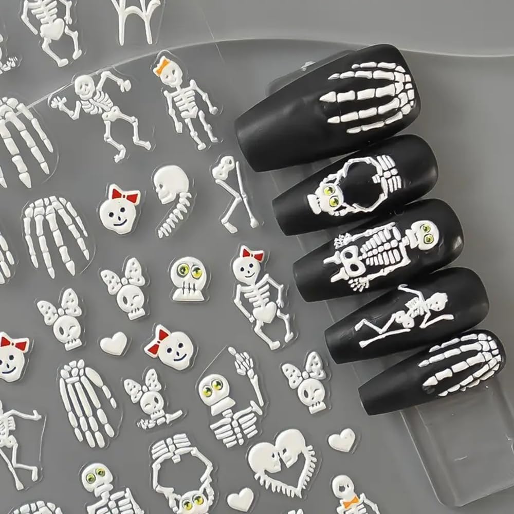 2 Sheets Halloween 5D Embossed Nail Art Stickers - Skeleton, White Skull Nail Stickers with Spider Web Heart Design - Self-Adhesive Horror Decals for Women - Art Supplies and Decorations-GlimoraGlow
