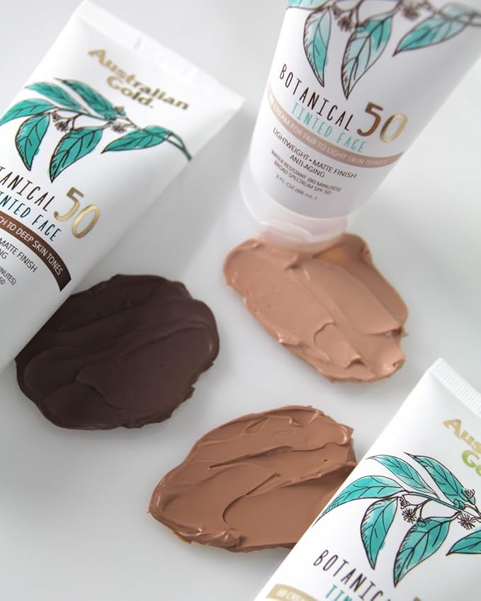 Australian Gold Botanical SPF 50 Tinted Mineral Sunscreen for Face, Non-Chemical BB Cream, Water-Resistant, Matte Finish, For Sensitive Facial Skin, Medium to Tan Skin Tones, 3 FL Oz-GlimoraGlow