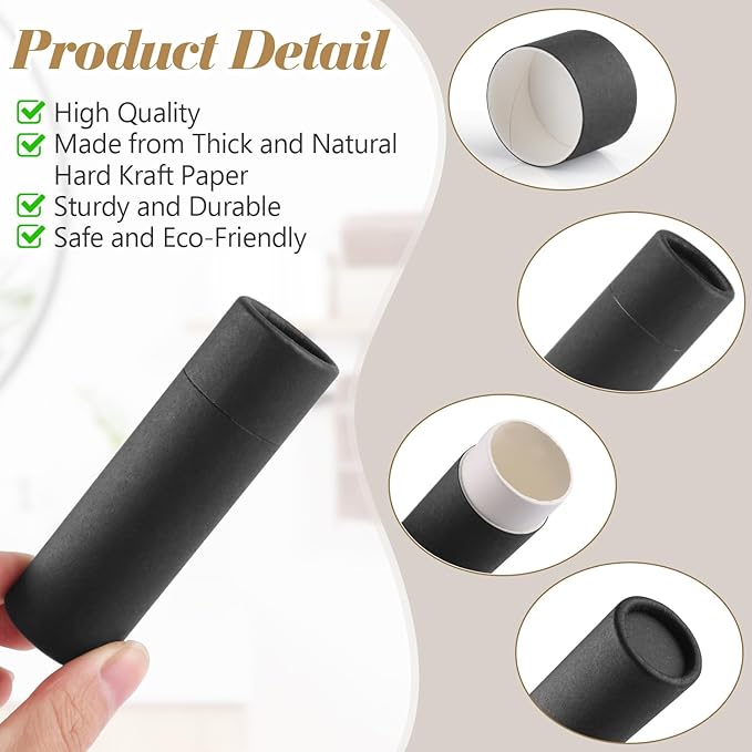 10 Pcs 25g Paperboard Lip Balm Tubes Refillable Krafts Paper Lipstick Tube Round Cardboard Empty Lip Gloss Container Holder Tubes for DIY Chapstick Salve Cosmetic Lotion Solid Perfume - Black-GlimoraGlow