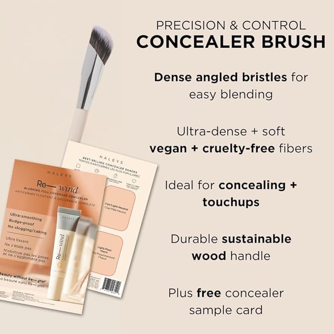 HALEYS Concealer Brush VEGAN+CRUELTY-FREE, Sustainable Wood, Vegan Bristles for Airbrushed Finish, For Creams,Liquids, Powder, Streak-free, Perfect Blending, Buffs, Smooths with Control, Special shape-GlimoraGlow