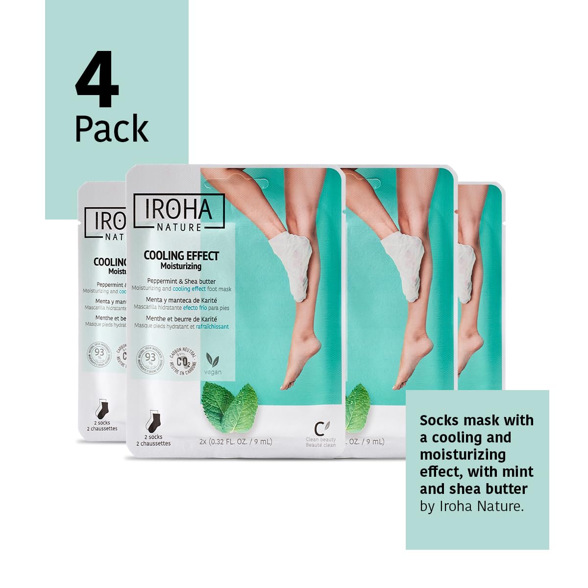 IROHA NATURE Relaxing Foot Mask Socks | 4 Pairs | Peppermint & Shea Butter | Intensive Treatment for Tired Feet | Cooling Effect | Natural & 100% Vegan | Moisturizing Foot Mask-GlimoraGlow