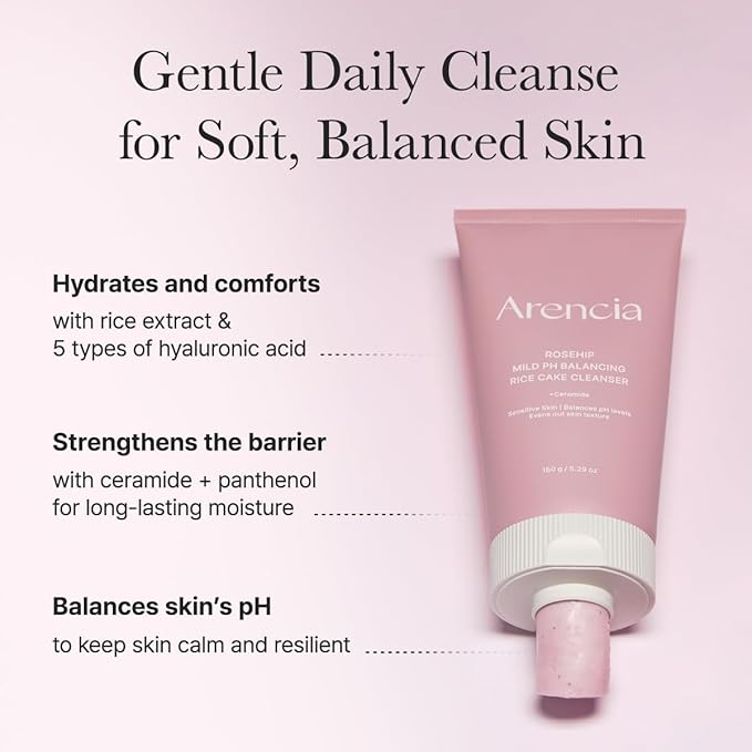 Rosehip Rice Cake Cleanser, pH Balancing Face Wash with Ceramide for Sensitive Skin, 5.29 oz-GlimoraGlow
