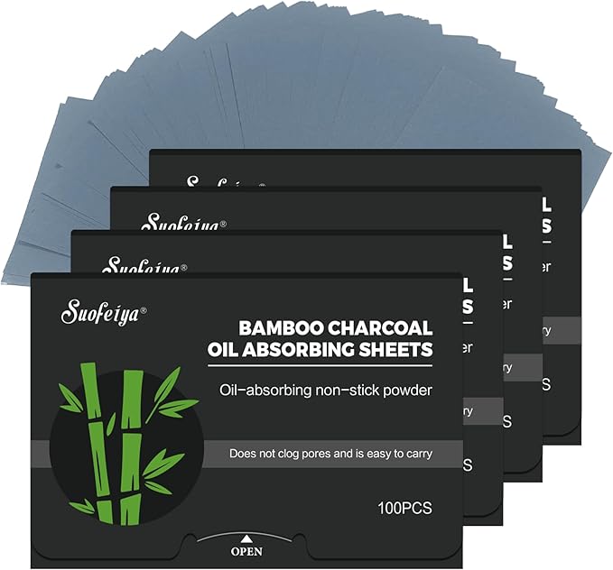 Natural Bamboo Charcoal Oil Absorbing Tissues - 4pk/400 Oil Blotting Sheets For Face, Oil Control Film, Oil Absorbing Sheets, Makeup Friendly-GlimoraGlow