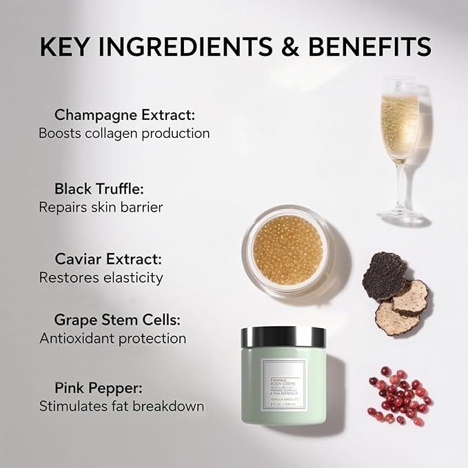 Champagne Firming Body Cream,Anti-Aging Tightening Cream with Luxe-Lift Complex,Skin Firming Cream for Hydrates Dry Skin, Fights Crepey Skin on Arms & Legs(8 Fl Oz, Sweet Almond Coconut)-GlimoraGlow