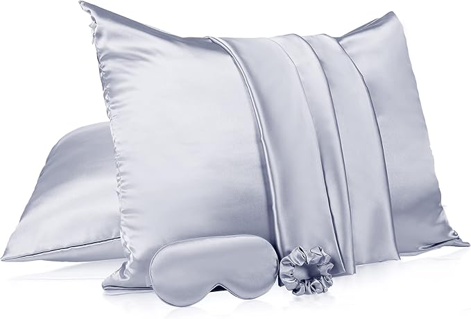 2 Pack Satin Pillowcase with Latent Zipper, Adjustable Satin Eye Mask for Sleeping and Satin Volume Scrunchie for Hair and Skin, Standard Size (Silver,Classic Style)-GlimoraGlow