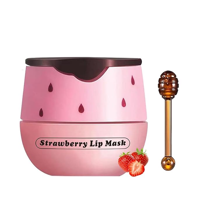 1 PCS Bee Lip Balm Lip Mask Honey Pot, Strawberry Moisturizing Sleeping Lip Mask Overnight with Sticks, Lip Balm Honey Pot Lip Balm Hydrating Prevention Dry and Crack Lip Scrubs Exfoliator-GlimoraGlow