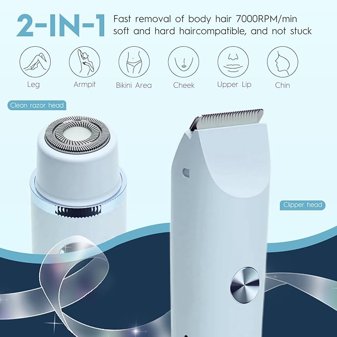 2025 Upgraded Dermave Bikini Shaver - 2 in 1 Bikini Trimmer for Women with LCD Display, Dual Head Cordless Electric Shaver, IPX7 Waterproof Wet/Dry Body Hair Trimmer for Face,Blue-GlimoraGlow