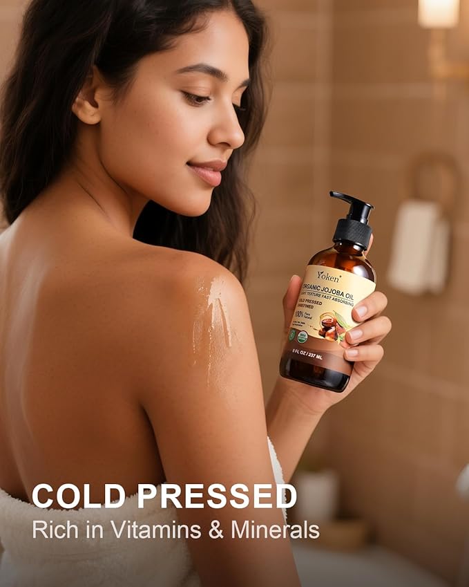 Yoken Organic Jojoba Oil Glass Bottle 8 fl oz, USDA Certified 100% Pure & Natural Jojoba Oil for Hair, Skin & Face, Cold Pressed Unrefined Hexane Free, Deeply Moisturizing Body Serum Oils for Gua Sha-GlimoraGlow