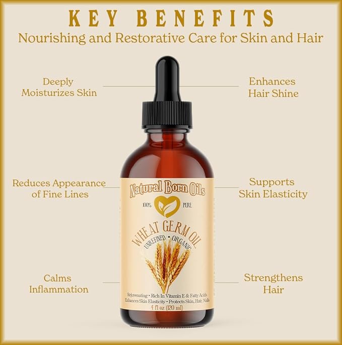 Natural Born Oils Wheat Germ Oil. 4oz. 100% Pure, Natural, Organic, Cold-pressed, Unrefined, Rejuvenating, Rich in Vitamin E. Moisturizer for Skin Hair-GlimoraGlow