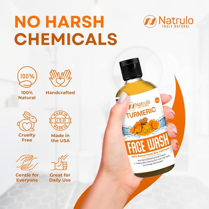 Natrulo Turmeric Face Wash, 4oz Clear Skin Liquid Soap – 100% Natural Anti Aging Exfoliating Turmeric Facial Cleanser for Fading Spots, Clearing Acne Scars, Age Spots, Sun Damage, Discoloration-GlimoraGlow