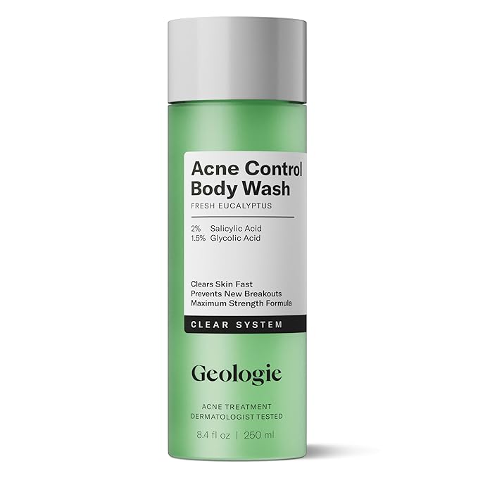 Geologie Acne Control Body Wash | Fresh Eucalyptus | 2% Salicylic Acid + 1.5% Glycolic Acid | Clears Body Acne & Prevents Breakouts | For Men & Women | No Benzoyl Peroxide | 8.4 oz-GlimoraGlow
