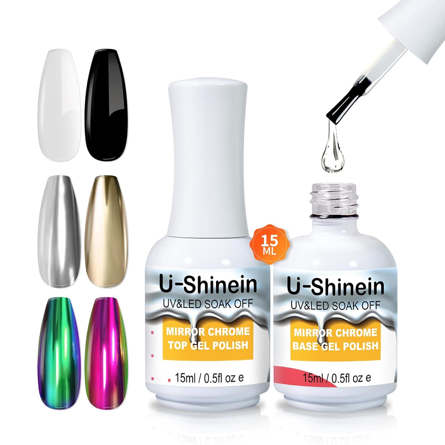 15ml Top Coat and Base Coat Set for Metallic Mirror Painting Gel, No Wipe Clear Top and Base Coat for Nail Polish, Chrome Nail Powder-GlimoraGlow