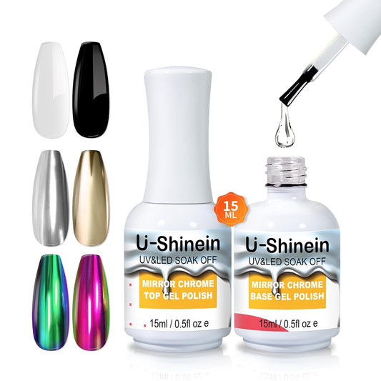 15ml Top Coat and Base Coat Set for Metallic Mirror Painting Gel, No Wipe Clear Top and Base Coat for Nail Polish, Chrome Nail Powder-GlimoraGlow