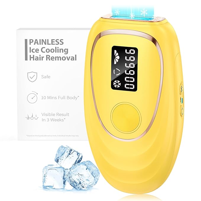 IPL Laser Hair Removal Device for Women & Men - Home 45°F Ice-Cooling Contact for Painless & Long-Lasting Results, 86% Hair Reduction in 3 Weeks for Full Body & Bikini Line, Light Yellow-GlimoraGlow