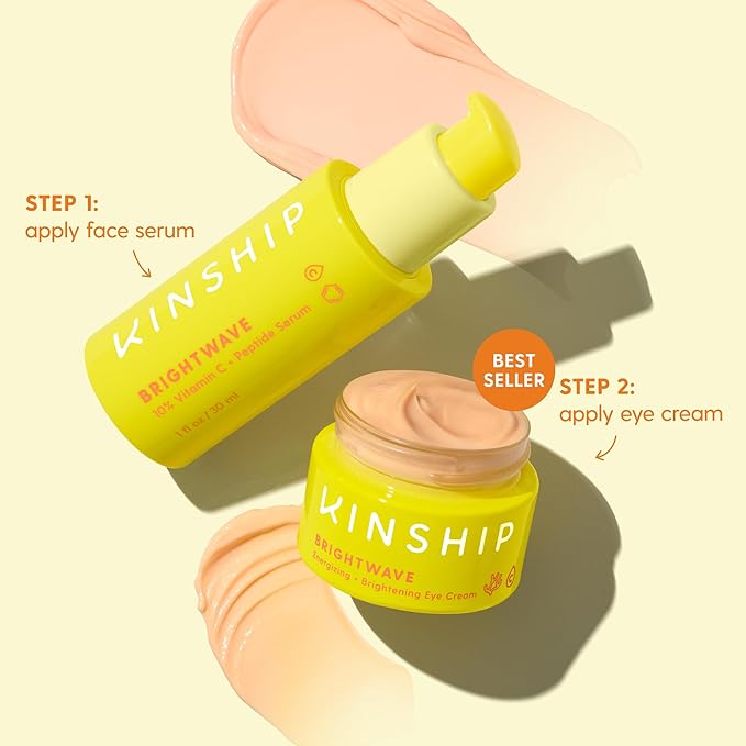 Kinship Brightwave Vitamin C Face + Eye Duo | 10% Vitamin C Serum (1 Fl Oz) | Brightening Eye Cream (0.5 Oz) | Fade Dark Spots | Reduce Fine Lines, Wrinkles, Dark Circles + Puffiness | All Skin Types-GlimoraGlow