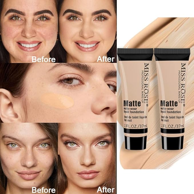 2 Pack Liquid Foundation Cream for Face Makeup,Durable Full Coverage Matte Concealer Make Up,Oil Control & Waterproof Base Primer -1+1 Fl.Oz (BEIGE 3#)-GlimoraGlow