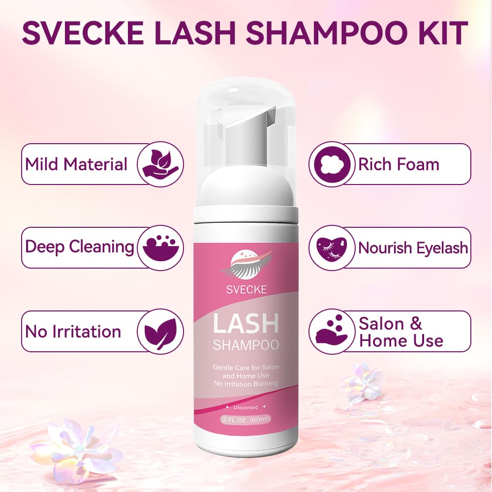 Lash Shampoo Kit, 2 fl.oz / 60ml Eyelash Cleanser, Eyelash Shampoo for Lash Extensions, Lash Cleaning Kit with Lash Fan Dryer, Eyelash Remover for Salon and Home Use-GlimoraGlow