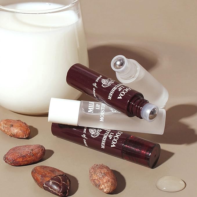Hydrating Oil, 2pcs Roll On Hydrating Lip Gloss, 5ml Moisturizing Lip Balm Cocoa Bean Milk Lip Oil Hydrating Nourishing Day Night Repair-GlimoraGlow