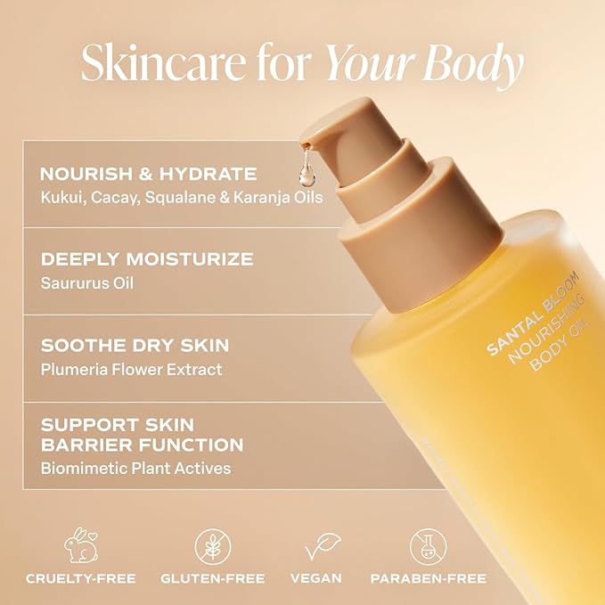 Saltair Body Oil. Luxurious Santal Bloom After Shower and Bath Oil Moisturizer for Women and Men. Botanical, Non-Greasy, and Well-Absorbing Lotion for Hydrating Dry Skin. 4oz Pump Bottle-GlimoraGlow