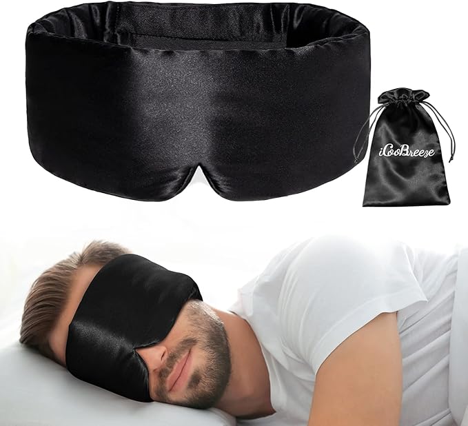 100% Natural Silk Eye Mask for Women Men, Soft Pressureless Cooling Blackout Eye Covers for Sleeping, Large Size Sleep Mask fits All Heads Adjustable, 1PC, Black-GlimoraGlow