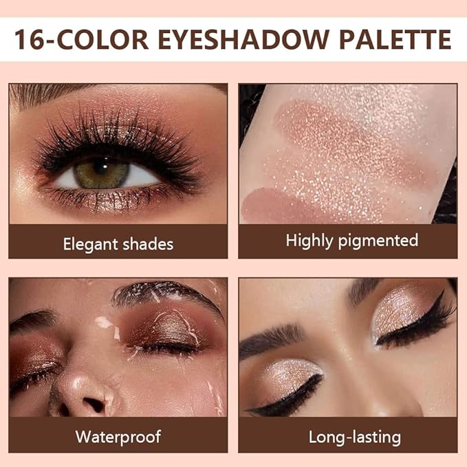 16 Girds Colorful Matte Shimmer Eyeshadow Palette for Eye Makeup,High Pigmented Eye Shadow Primers Powder Palet de sombras de ojos-Glitter Nude#-GlimoraGlow