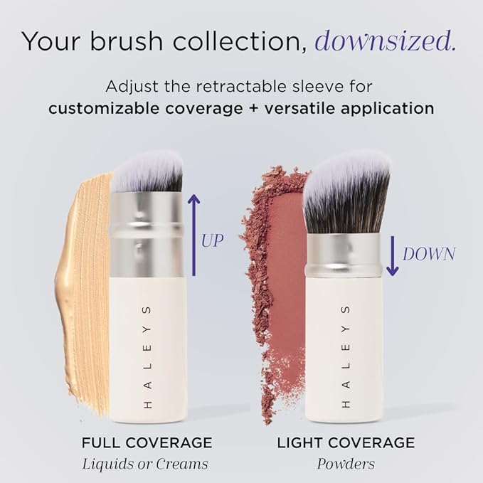 HALEYS Retractable Face Brush, VEGAN Dense, Angled Bristles & Adjustable Sleeve, Portable Makeup Brush for Quick, Easy Streak-Free Blending of Liquids, Creams, Powders, Travel-friendly Mess-Free Cap-GlimoraGlow