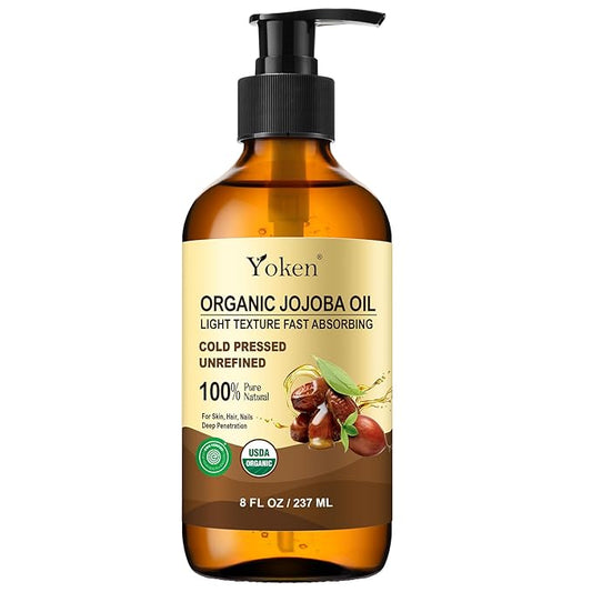 Yoken Organic Jojoba Oil Glass Bottle 8 fl oz, USDA Certified 100% Pure & Natural Jojoba Oil for Hair, Skin & Face, Cold Pressed Unrefined Hexane Free, Deeply Moisturizing Body Serum Oils for Gua Sha-GlimoraGlow