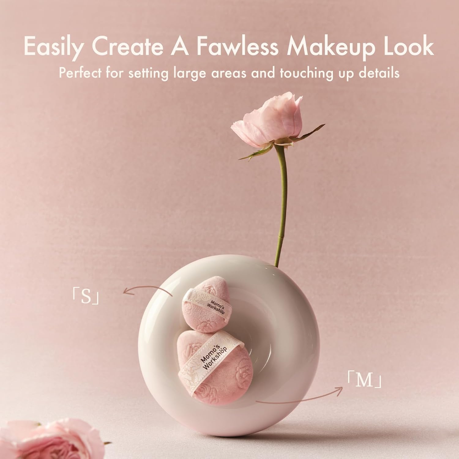 Pink Velvet Powder Puffs, Laser-Cut Rose Design, Dual-Sided, Travel Size & Wide M Size for Pressed Powder, Blush & Contour,5pcs Plush Puffs & Storage Case-GlimoraGlow