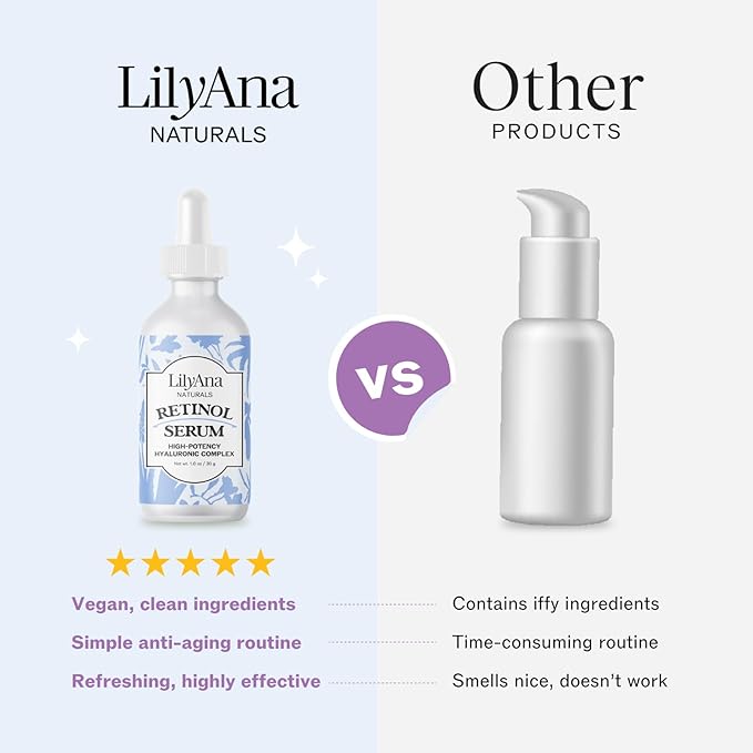 LilyAna Naturals Retinol Serum - Made in USA, Anti Aging Face Serum with Hyaluronic Acid and Vitamin E, Reduces Age Spots and Sun Damage, Promotes Collagen and Elastin (Retinol, 1oz)-GlimoraGlow