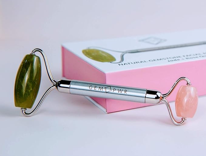 Rose Quartz + Jade Roller for Face and Neck Massage, Dual Gemstones with Durable Steel Handle and Travel Bag. Minimize Wrinkles, Reduce Puffiness and Restore Skin's Elasticity and Radiance-GlimoraGlow