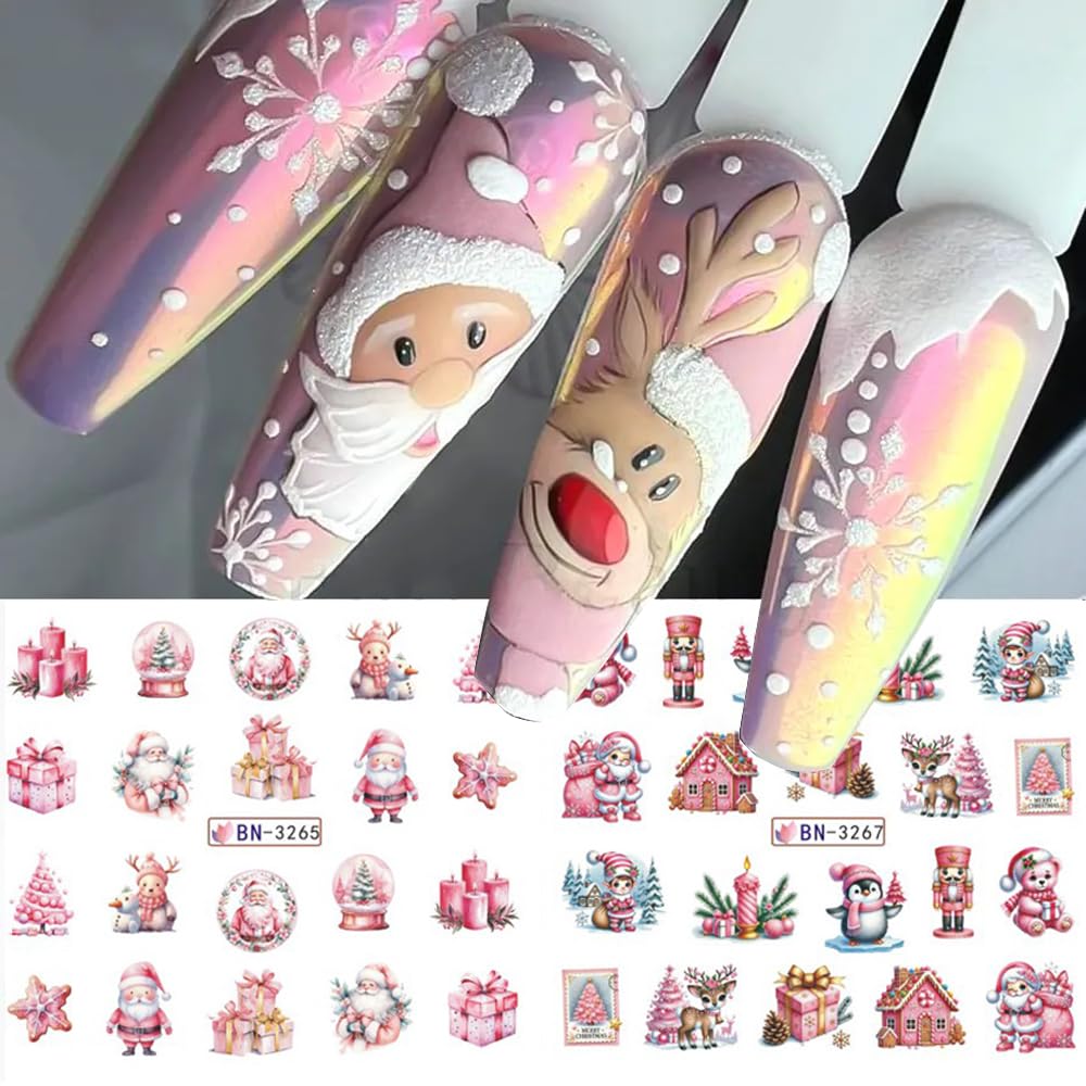 12 Sheets Christmas Nail Art Stickers Winter Snowflake Snowman Water Transfer Nail Decals Xmas Tree Santa Claus Penguin Gingerbread Man Design Acrylic Nail Foils for Women Kids DIY Holiday Nail Decor-GlimoraGlow