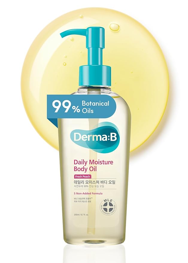 Derma B | Daily Moisture Body Oil | 99% Natural Argan & Sweet Almond Oil | Shower Oil for Dry Sensitive Skin | Light & Long-Lasting Hydration | Skin Body Care Oil with Peach Scent | 6.78 fl oz (200ml)-GlimoraGlow