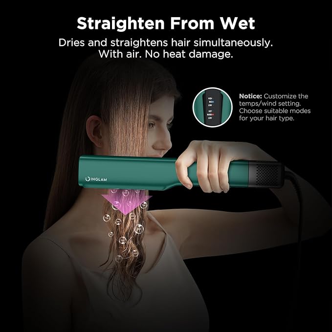 IG INGLAM Air Straightener, Style From Wet Hair, 2.2" Dryer Straightener, 200M Negative Ionic, One-Step Air Straight for Medium and Long Hair (14"-30"), Dark Green-GlimoraGlow