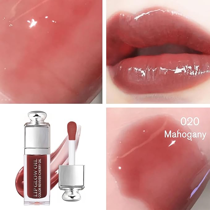 Hydrating Lip Glow Oil-Lip care oil- Lip Oil Tinted for Lip Care and Dry Lips-Prevents Dry Cracked-Non-sticky Big Brush Head-Lip Plumping -Lip Oil gloss tinted-020#MAHOGANY-GlimoraGlow