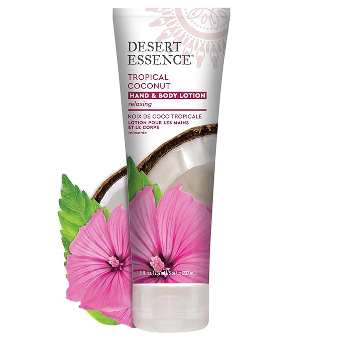 Desert Essence, Tropical Coconut Hand & Body Lotion 8 fl. oz. - Gluten Free - Vegan - Cruelty Free - Coconut Oil, Jojoba Oil & Vitamin E - Intense Hydration - Tropical Coconut Scent-GlimoraGlow