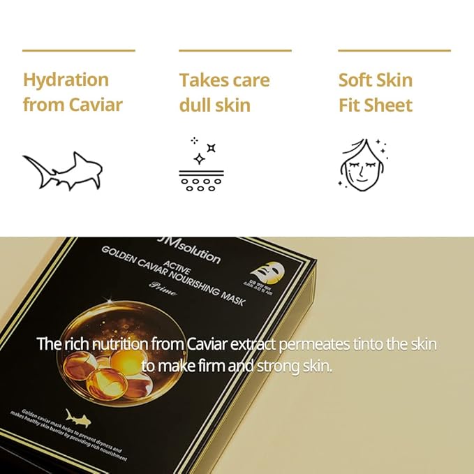 JMsolution Active Golden Caviar Nourishing Mask - Korean Skincare Facial Mask-Cavior extracted - collagen essense- 10 sheets for all skin type-GlimoraGlow