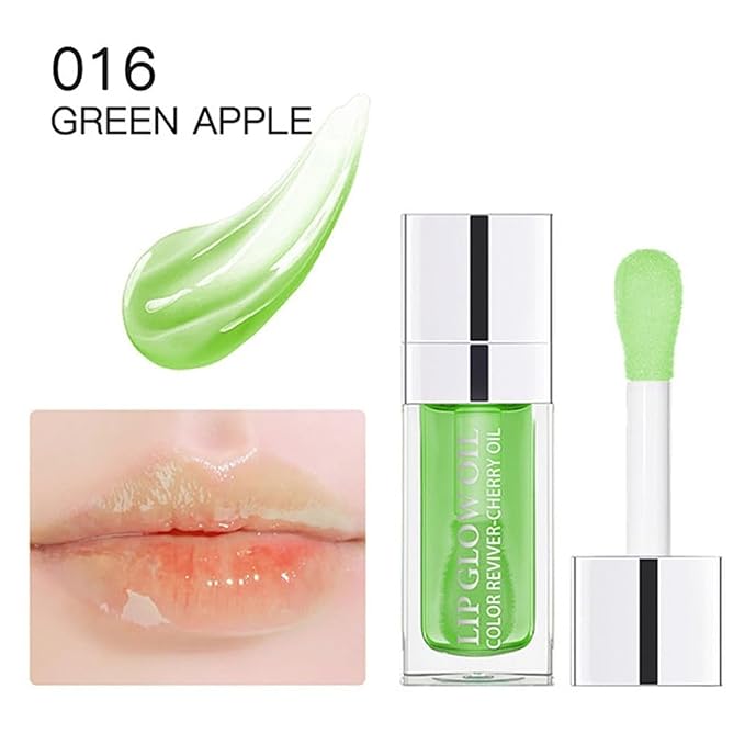 Hydrating Lip Glow Oil, Lip Oil Gloss Transparent Toot Tinted Nourishing Long Lasting Repairing Lightening Lip Lines (GREEN APPLE) 0.2 OZ-GlimoraGlow