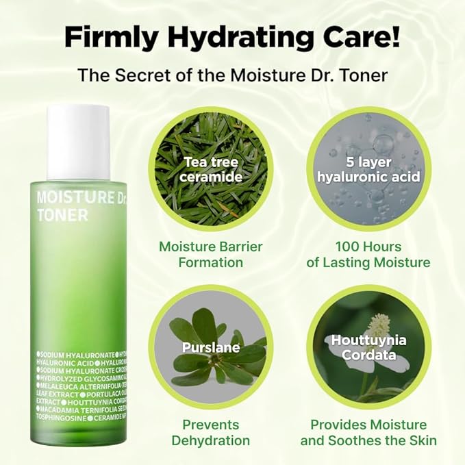 ISOI Moisture Dr. Soothing Toner, Lightweight Hydrating Toner with Tea Tree Ceramide & Hyaluronic Acid for Skin Barrier Support, Korean Skin Care (4.39 fl.oz/130ml)-GlimoraGlow