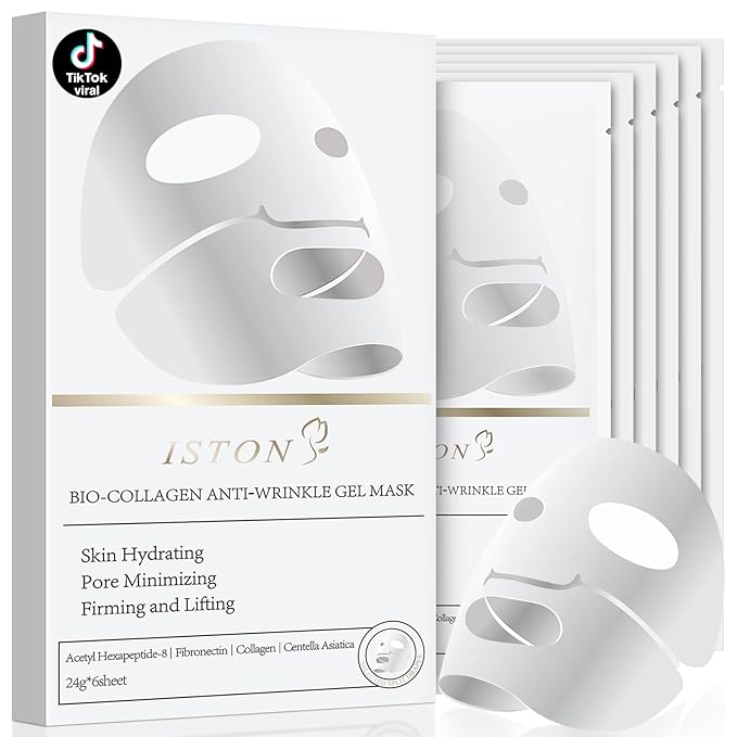 ISTON 6 Pack Bio-Collagen Real Deep Anti Wrinkle Lifting Mask,Overnight Hydrating Face Mask for All Skin Types -Pore Minimizing,Elasticity Enhancing,Firming,Moisturizing-GlimoraGlow